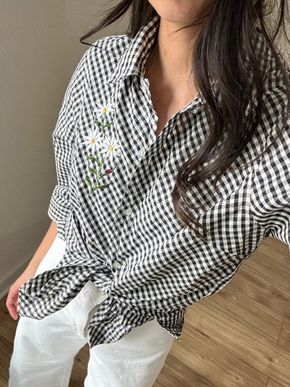 Gingham + Embroidered Button down Shirt Cottagecore